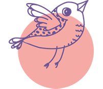 line drawing of a cartoon bird taking off in flight over a pink circle